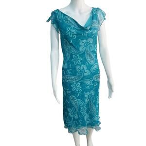 Vtg Y2K Fairy Midi 11/12 Dress Blue Teal Ethereal Handkerchief Floral Chiffon